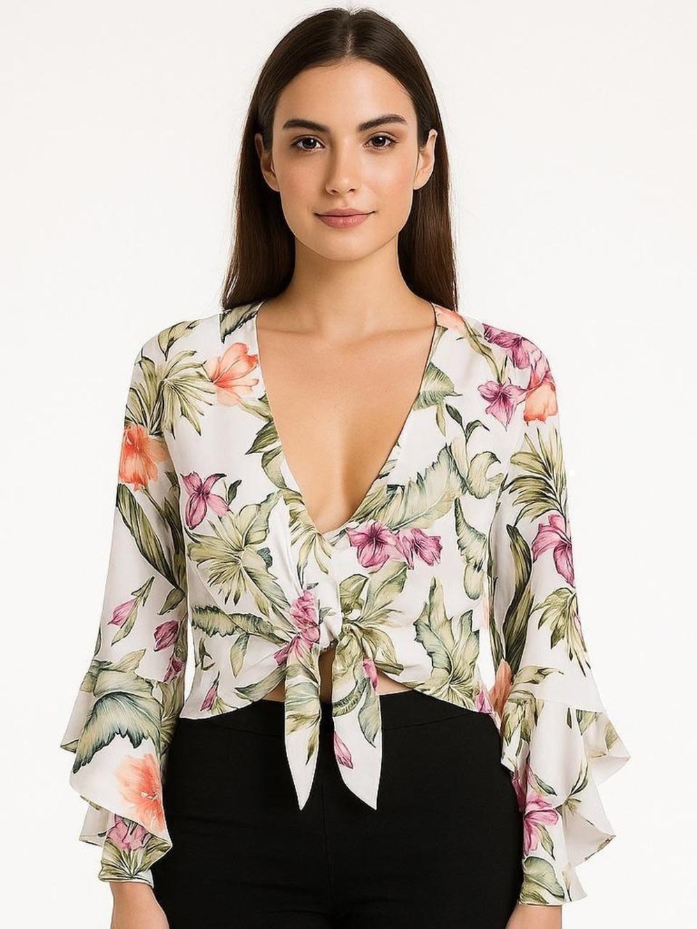 Forever 21 Tropical Floral Tie-Front Cropped Blouse